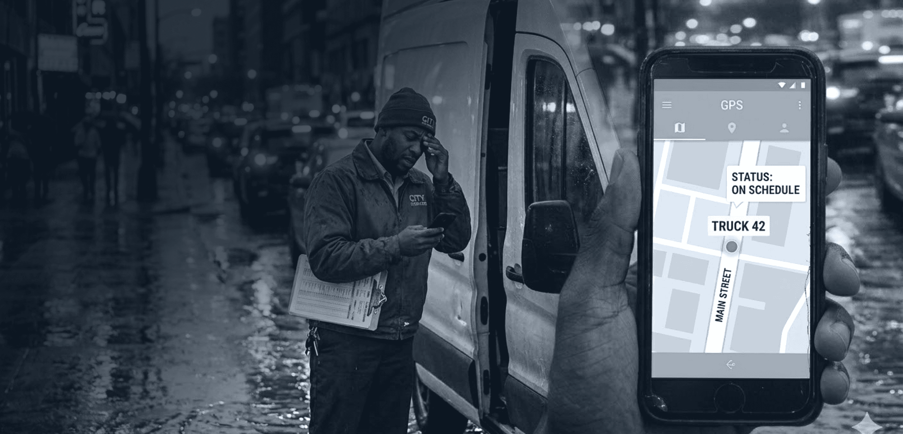 City dispatcher checking phone beside delivery van while GPS app