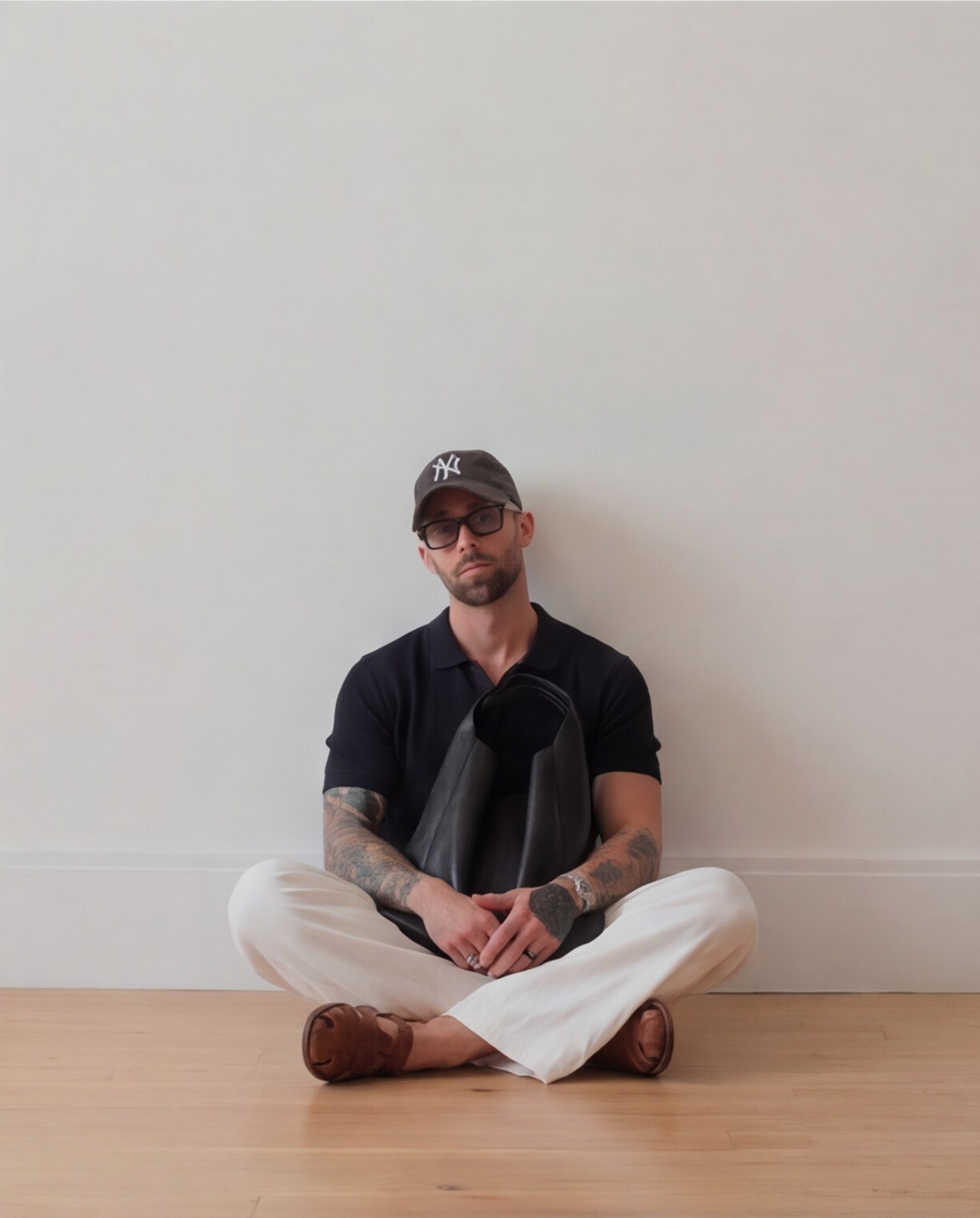 Black Polo with Cream Relaxed Linen Trousers