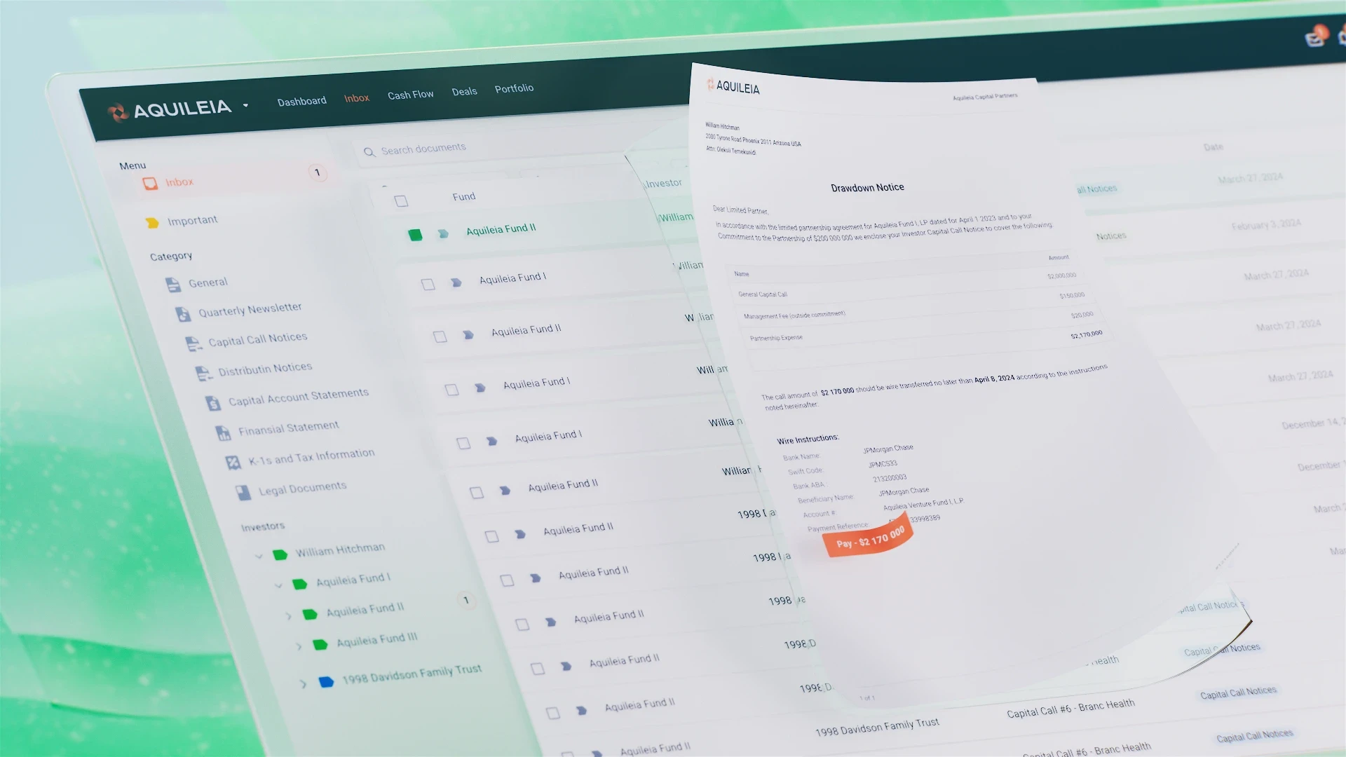 3D animation of a SaaS document management UI, showcasing investor dashboards, fund data, and a drawdown notice as part of a financial explainer video.