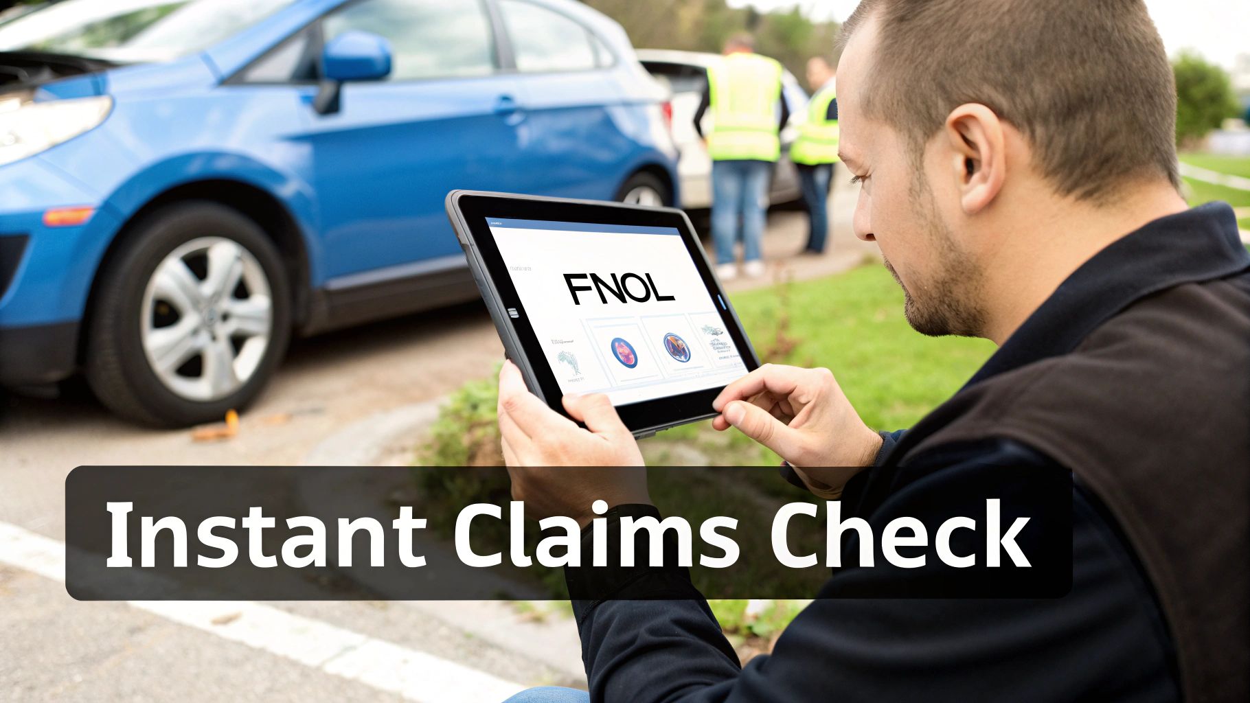 A man uses a tablet for an instant claims check after a car accident, displaying FNOL.
