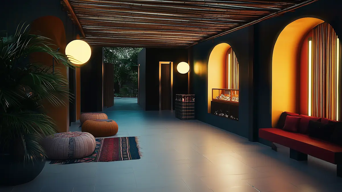Moody tropical hallway with poufs, arches and lights.