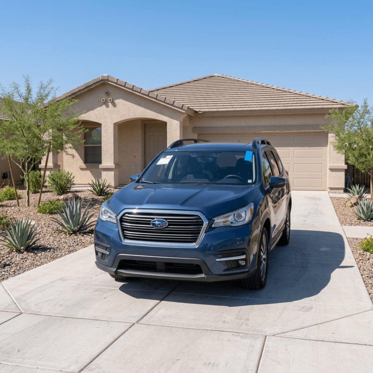 Blue Subaru Outback with a perfectly sealed new windshield in a Maricopa, Arizona residential driveway