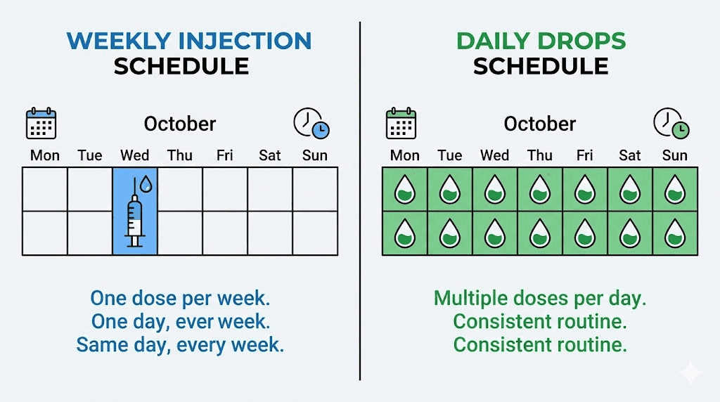 Tirzepatide drops daily dosing versus weekly injection schedule comparison