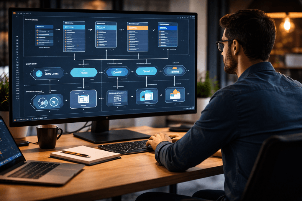 person at a large monitor showing database schema and pipeline diagrams