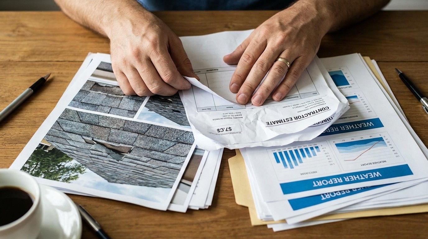 Organizing roof insurance appeal documents including damage photos and estimates