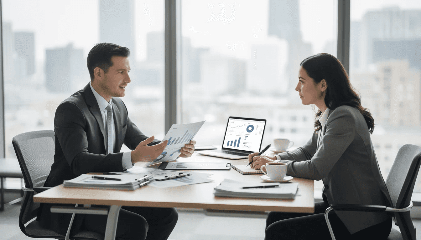 A professional financial advisor is seated at a modern office desk, reviewing documents with a client, as they discuss personalized financial planning and investment advice. The setting reflects a focus on fiduciary responsibility, emphasizing the importance of aligning financial strategies with the client's best interests.