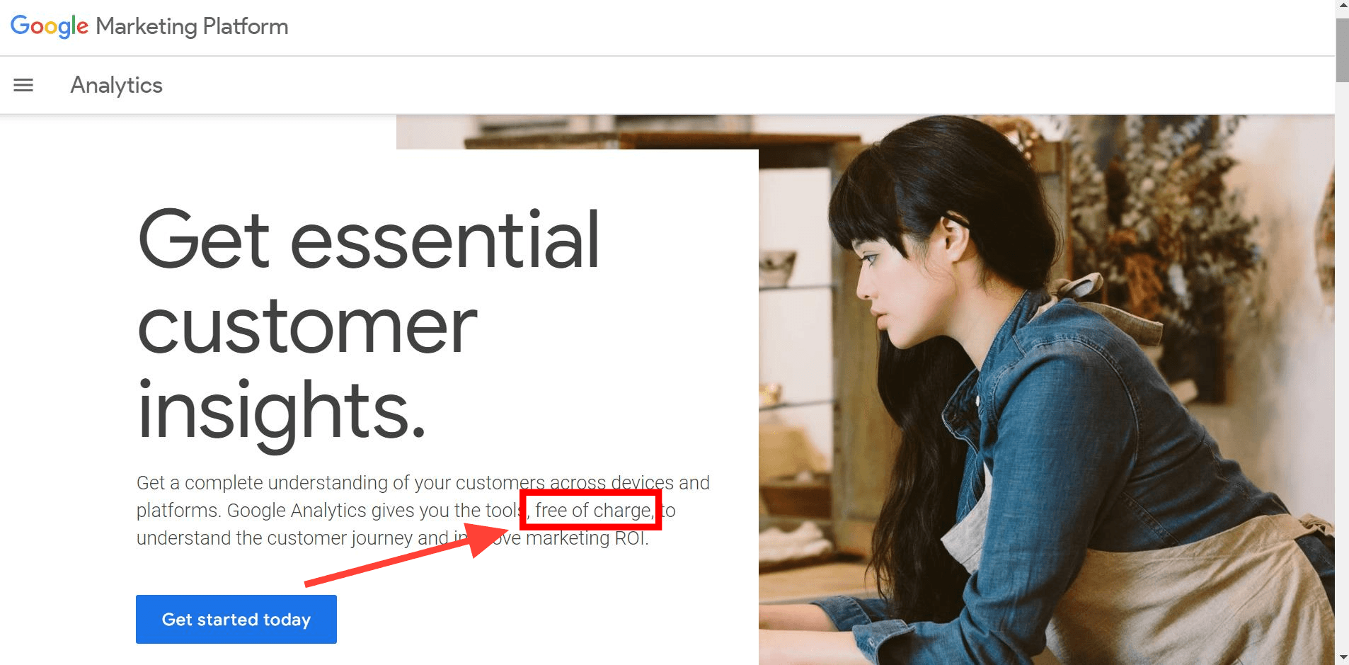 Google Marketing Cloud Google Analytics Homepage highlighting that the use of GA4 is free of charge