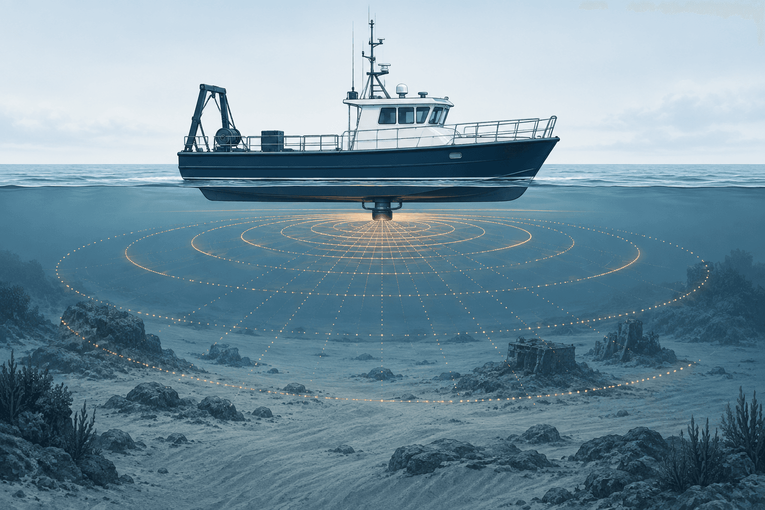 Illustrative technical view of a survey vessel using sonar over the seabed.