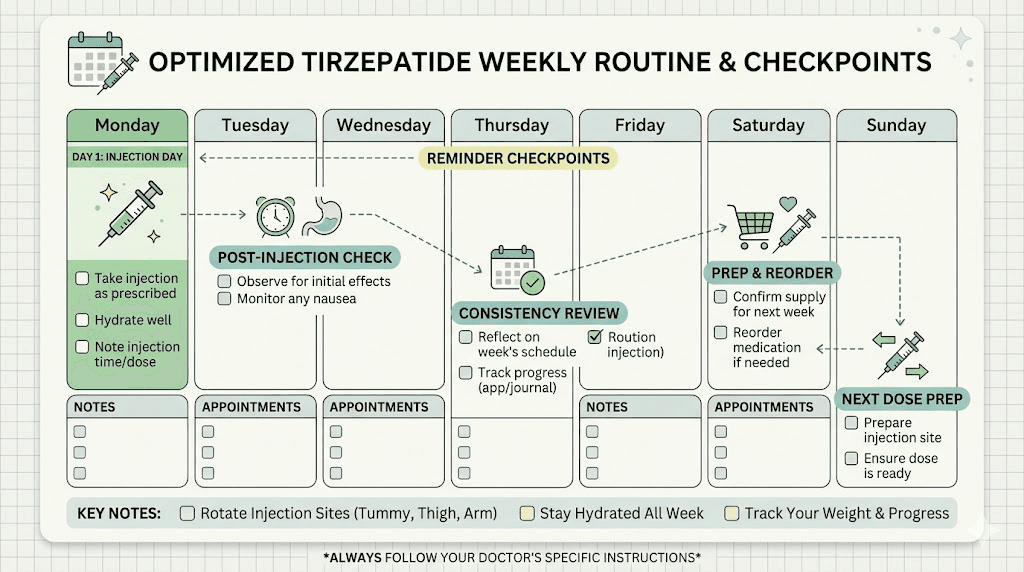 Weekly tirzepatide injection schedule planner with reminder checkpoints