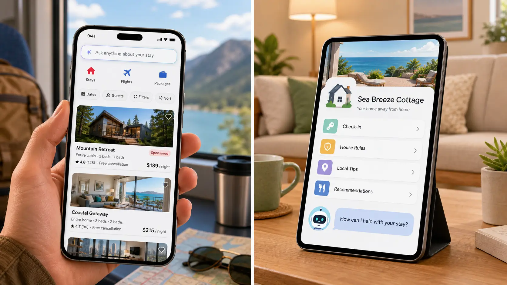 Smartphone showing OTA app AI search next to a host's own digital guidebook AI concierge.