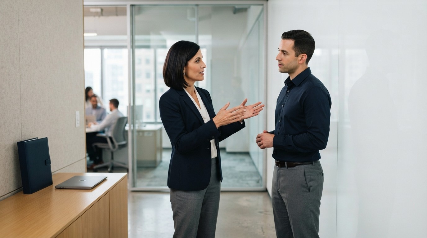 Two professionals collaborating in a clean office setting