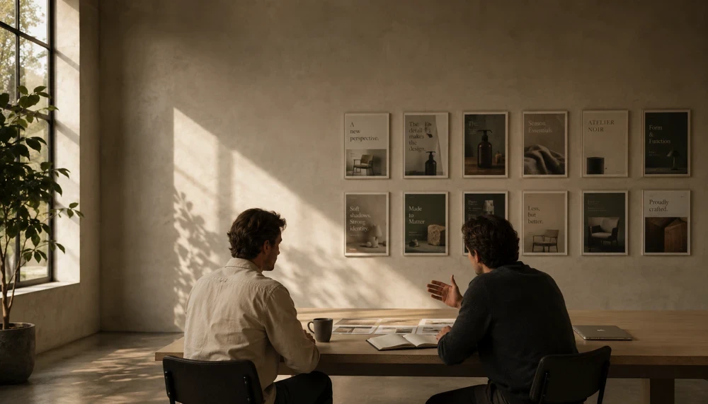 Twee personen in gesprek aan tafel in minimalistisch interieur met kunstwerken aan de muur
