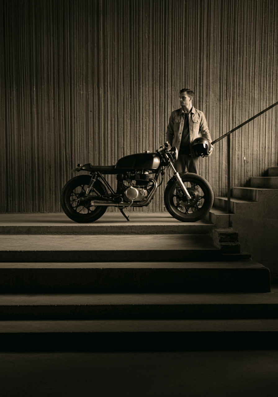 Man walking up the stairs with a motorcycle in front of him.