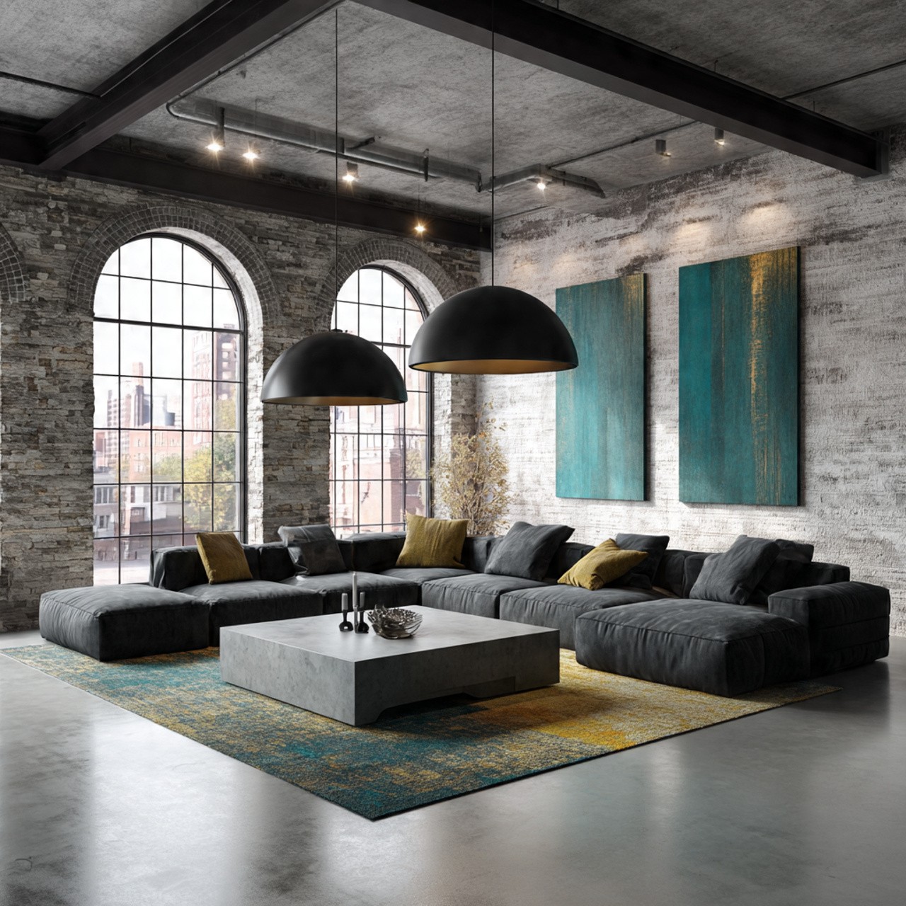 Spacious industrial-style living room with large gray sectional sofa, two teal abstract paintings, concrete coffee table, and arched windows, exuding modern elegance.