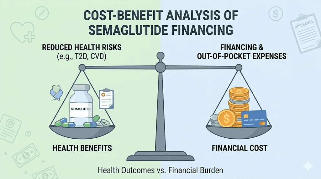 Balance scale weighing semaglutide medication costs against buy now pay later financing options
