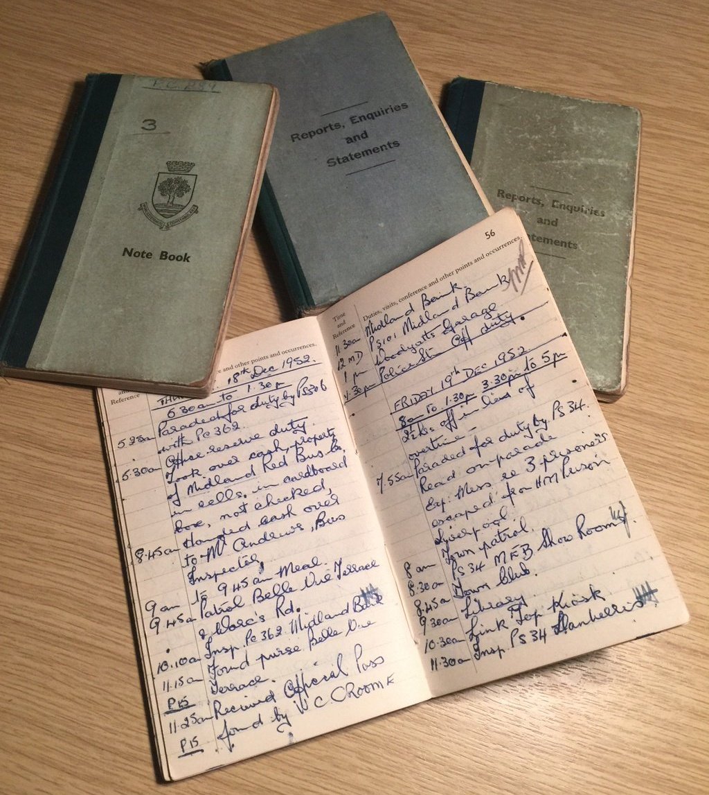 A close-up photo of an example notebook used by law enforcement for field notes.