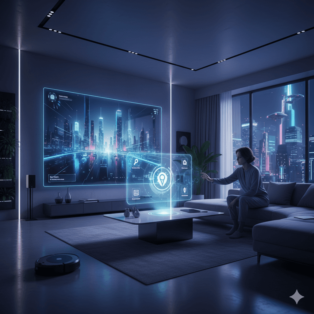 Futuristic smart home automation interface in a luxury apartment on Dwarka Expressway