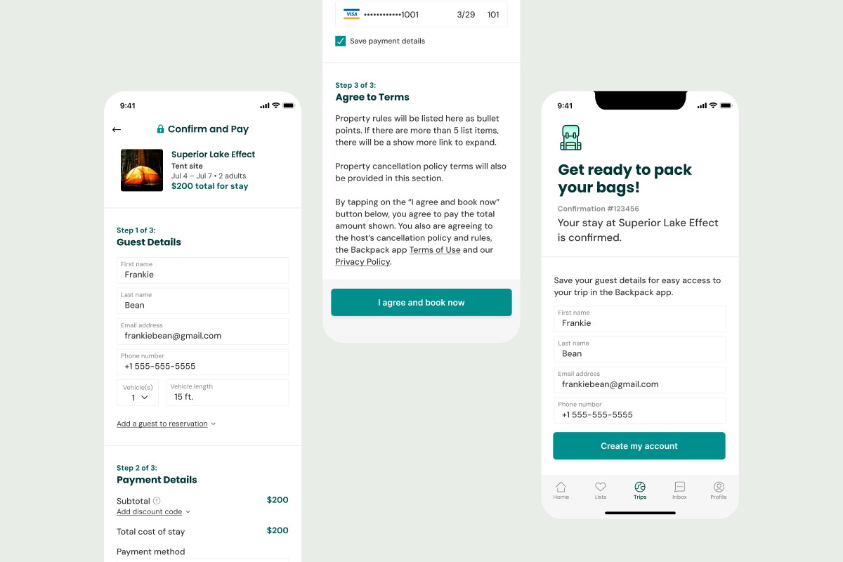 A mobile app interface showing booking confirmation for "Superior Lake Effect." Screens display guest details, payment info, and a confirmation message.