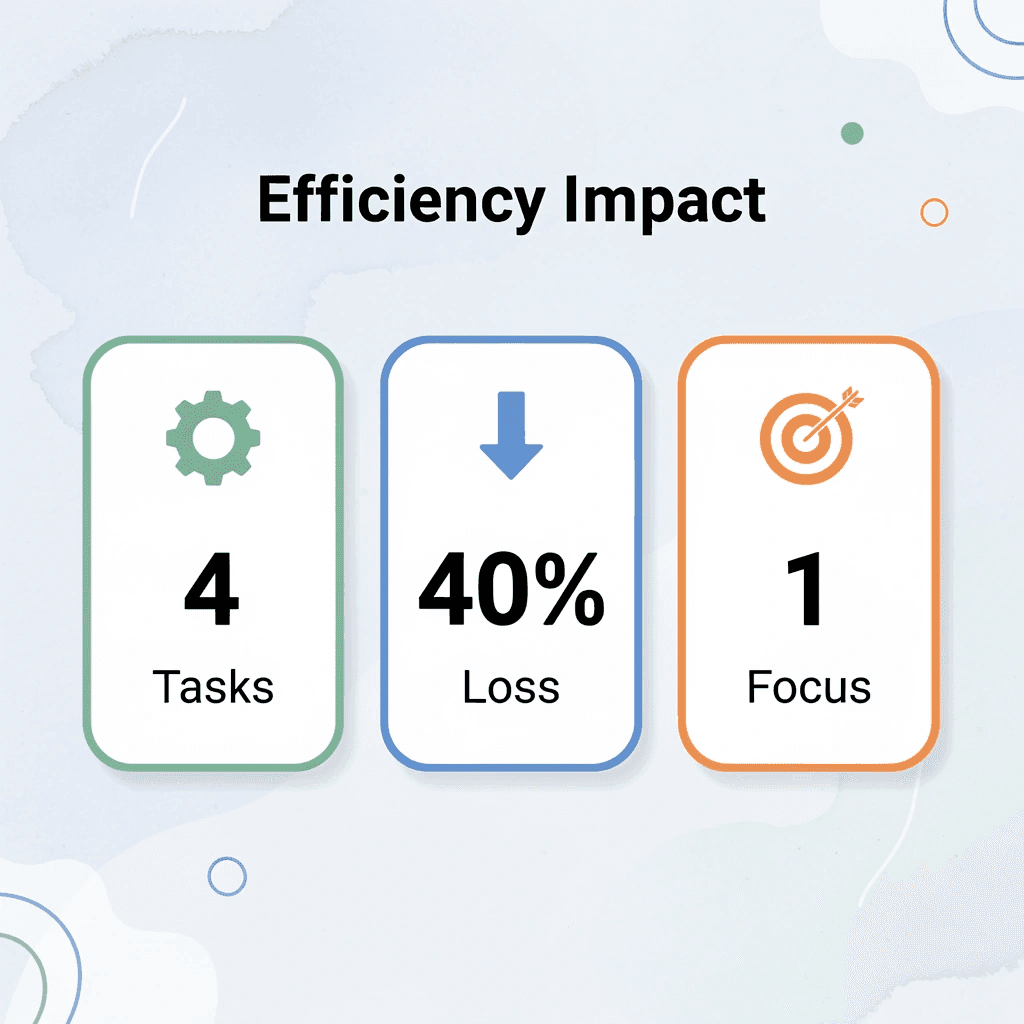 Statistics showing 4 tasks causing 40% efficiency loss versus single focus