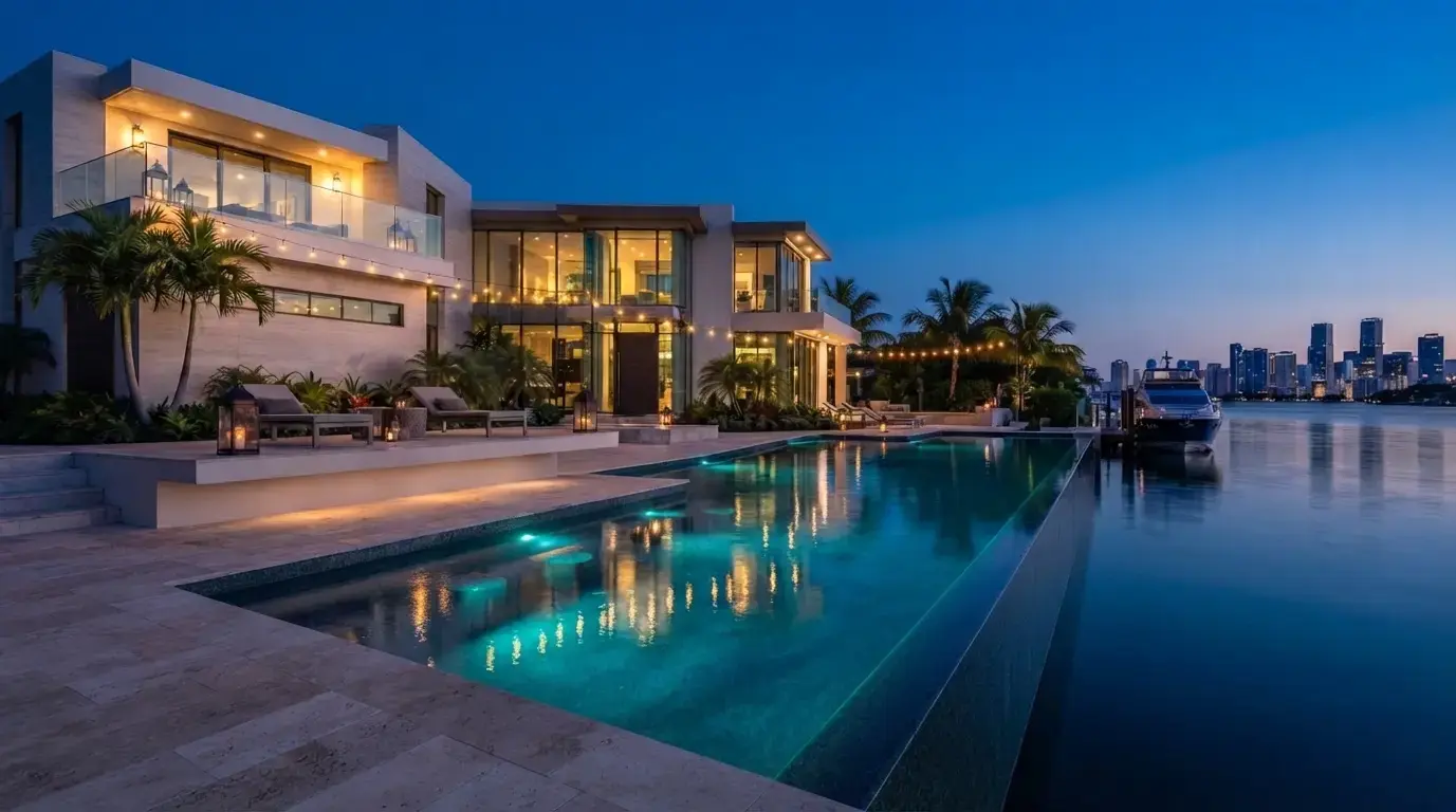 Waterfront luxury home at twilight with illuminated infinity pool, string lights, private boat dock, and city skyline views in the background