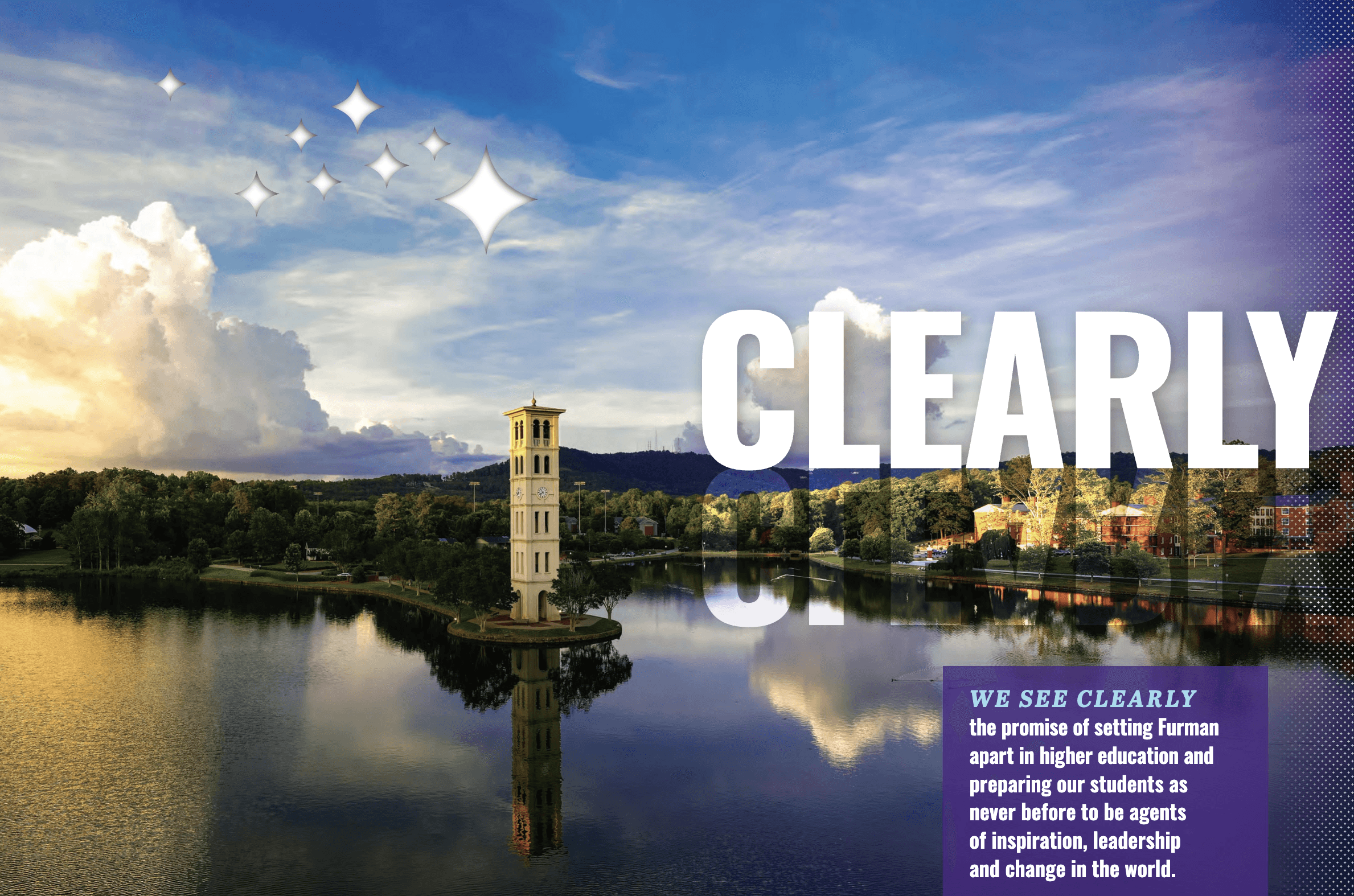 Clear water with land and a college campus building in the background, with text overlayed on the image