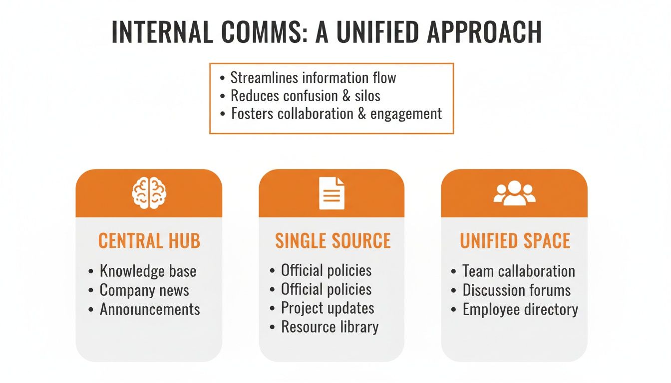 Diagram illustrating a unified approach to internal communications, detailing central hub, single source, and unified space.