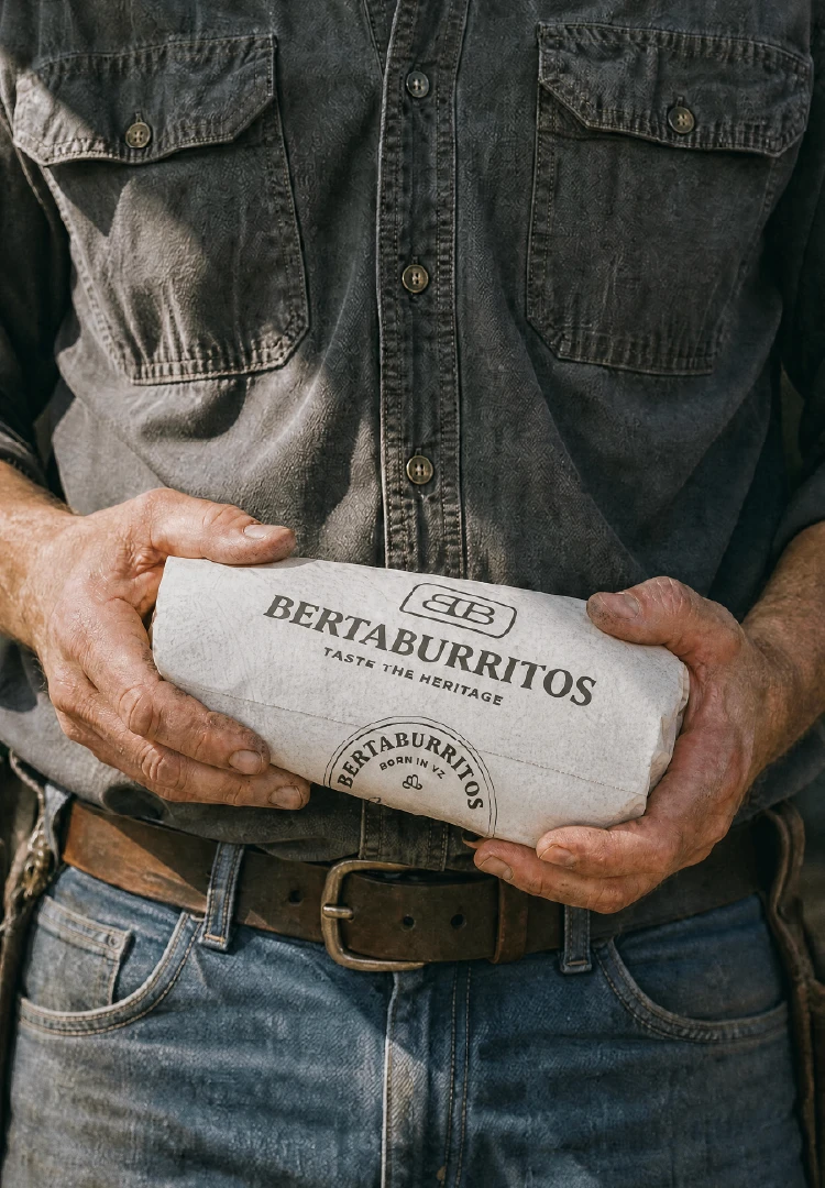 BertaBurritos burrito wrapped in custom branded packaging