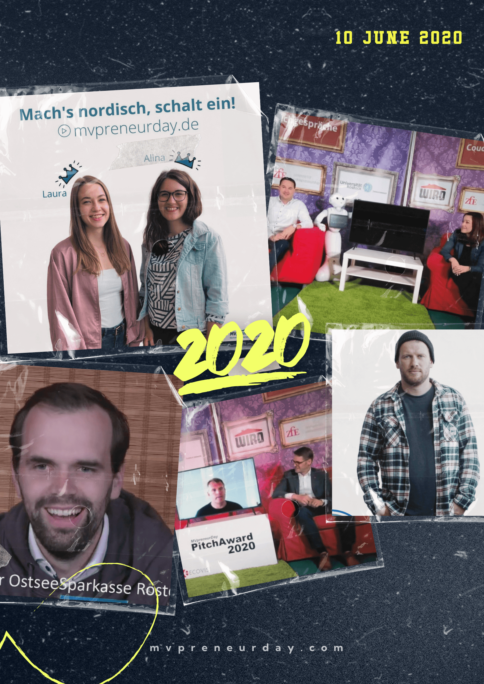 Collage mit Impressionen vom digitalen MVPRENEUR Day 2020: Videocalls, Speakerinnen und Studiobilder. Zahl „2020“ zentral.*