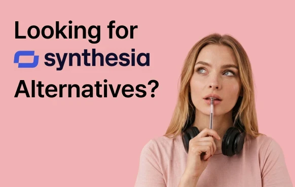 Mencari thumbnail alternatif Synthesia dengan gambar wanita berpikir dan logo Synthesia