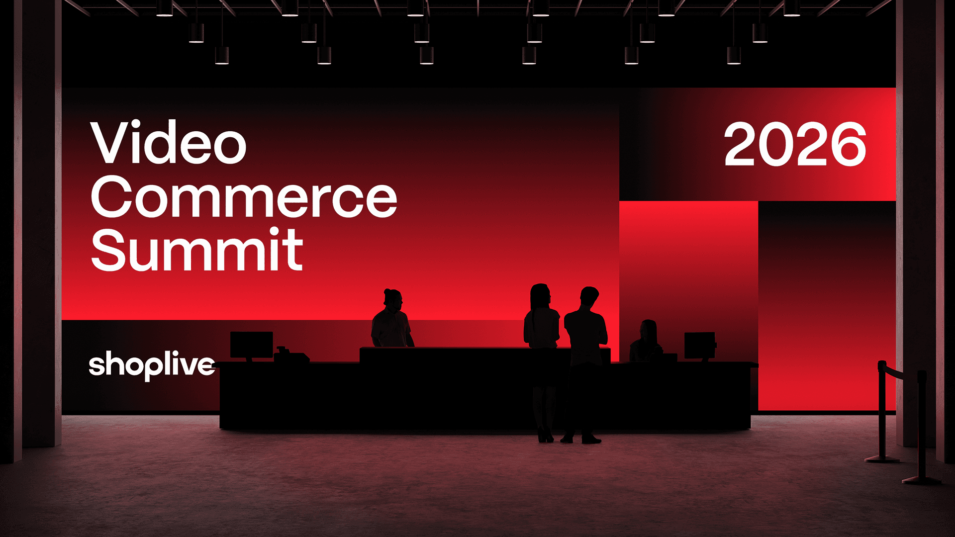 Concept image of the Video Commerce Summit 2026 registration desk with a large red wall graphic and the shoplive logo