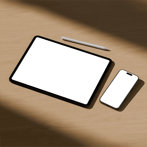 iPad Pro 13-inch and iPhone 17 on wooden desk mockup