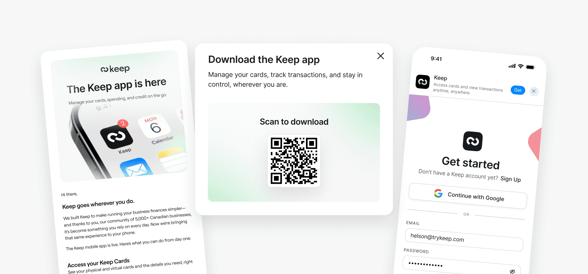 Launch channels: the launch email, a QR code modal on the web dashboard, and an app banner on the mobile-web login