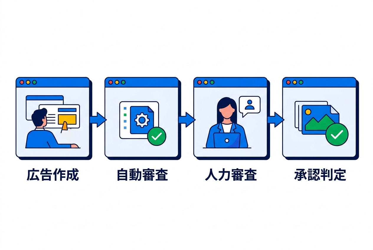 Google広告審査は5段階のプロセスで実行される。自動審査で95%が処理されるが、疑わしいコンテンツは人力審査に回され、最終的な承認判定まで平均2.3営業日を要する。