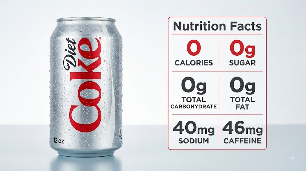 An eye-catching infographic for an article on Diet Coke nutrition facts. It features a condensation-covered 12 oz can next to a stylized chart highlighting 0 calories, 0g sugar, 0g total carbohydrate, 0g total fat, 40mg sodium, and 46mg caffeine.