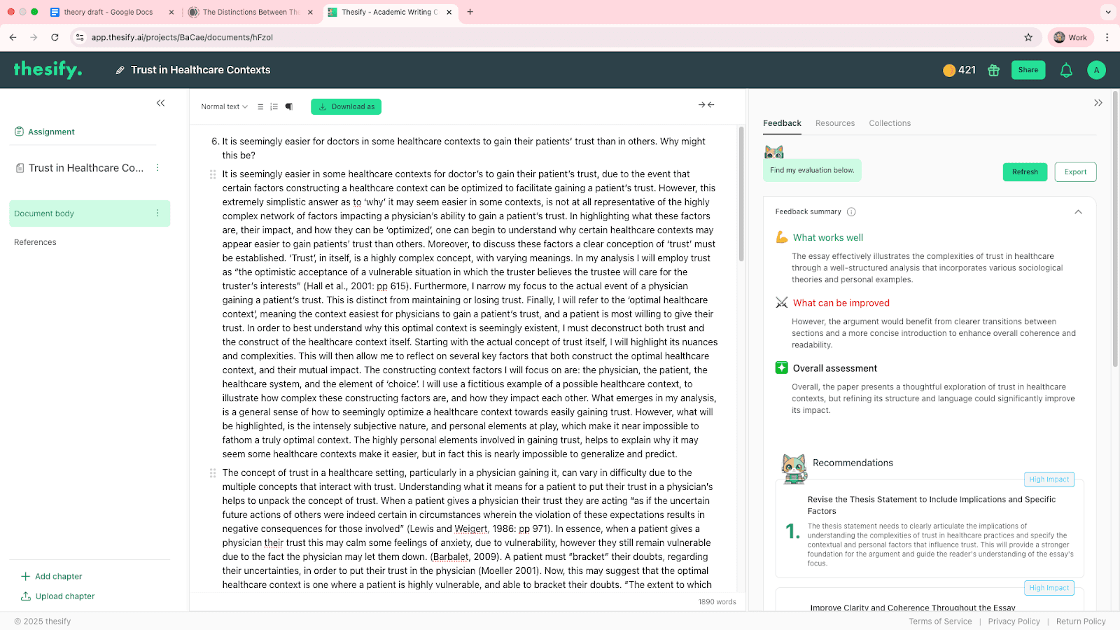 thesify's main editing interface showing a draft on Trust in Healthcare with a feedback summary sidebar highlighting "What works well" and "What can be improved."