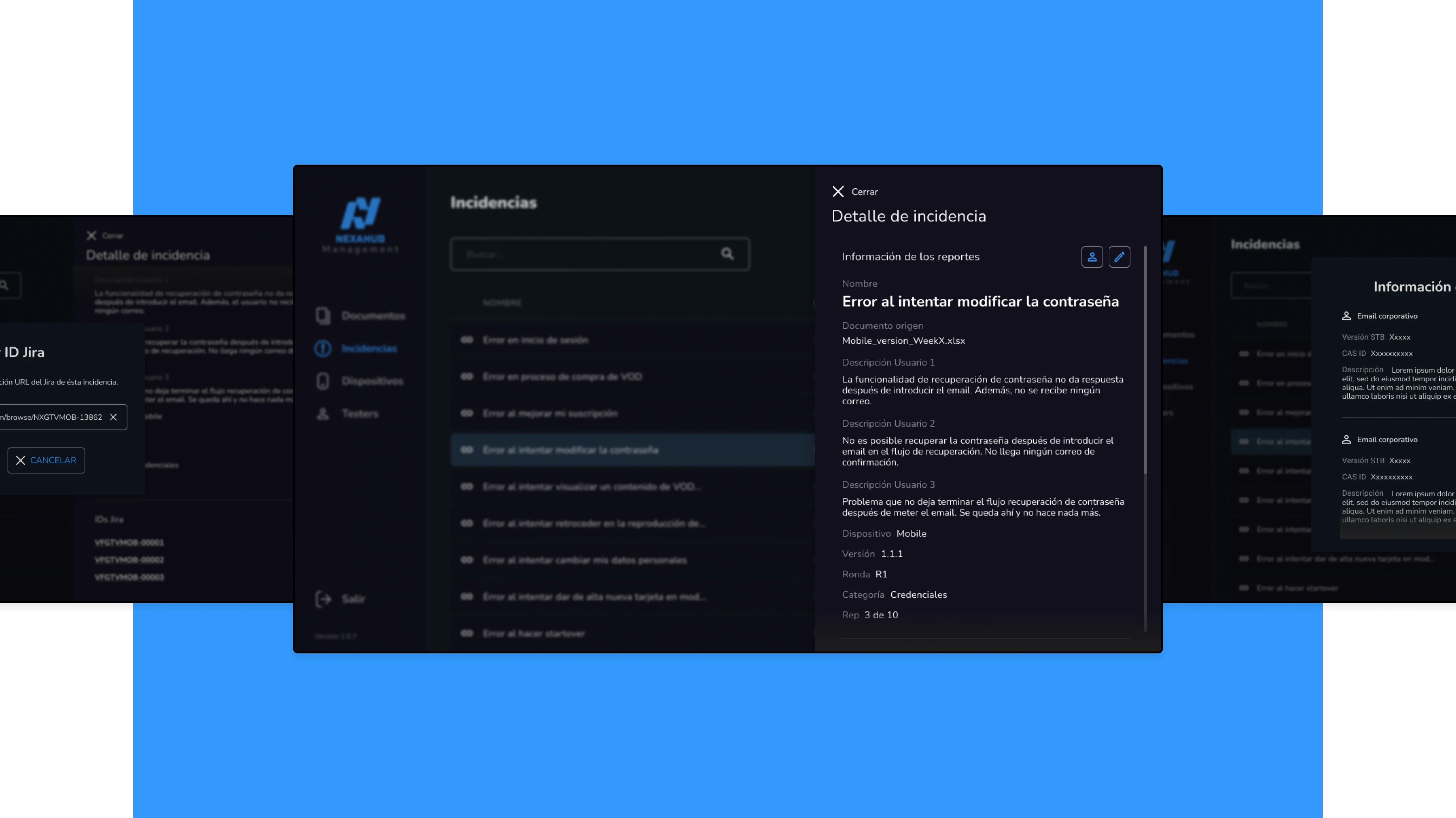 A collection of blue and black screens displaying various types of information, representing mockups of a CMS app.