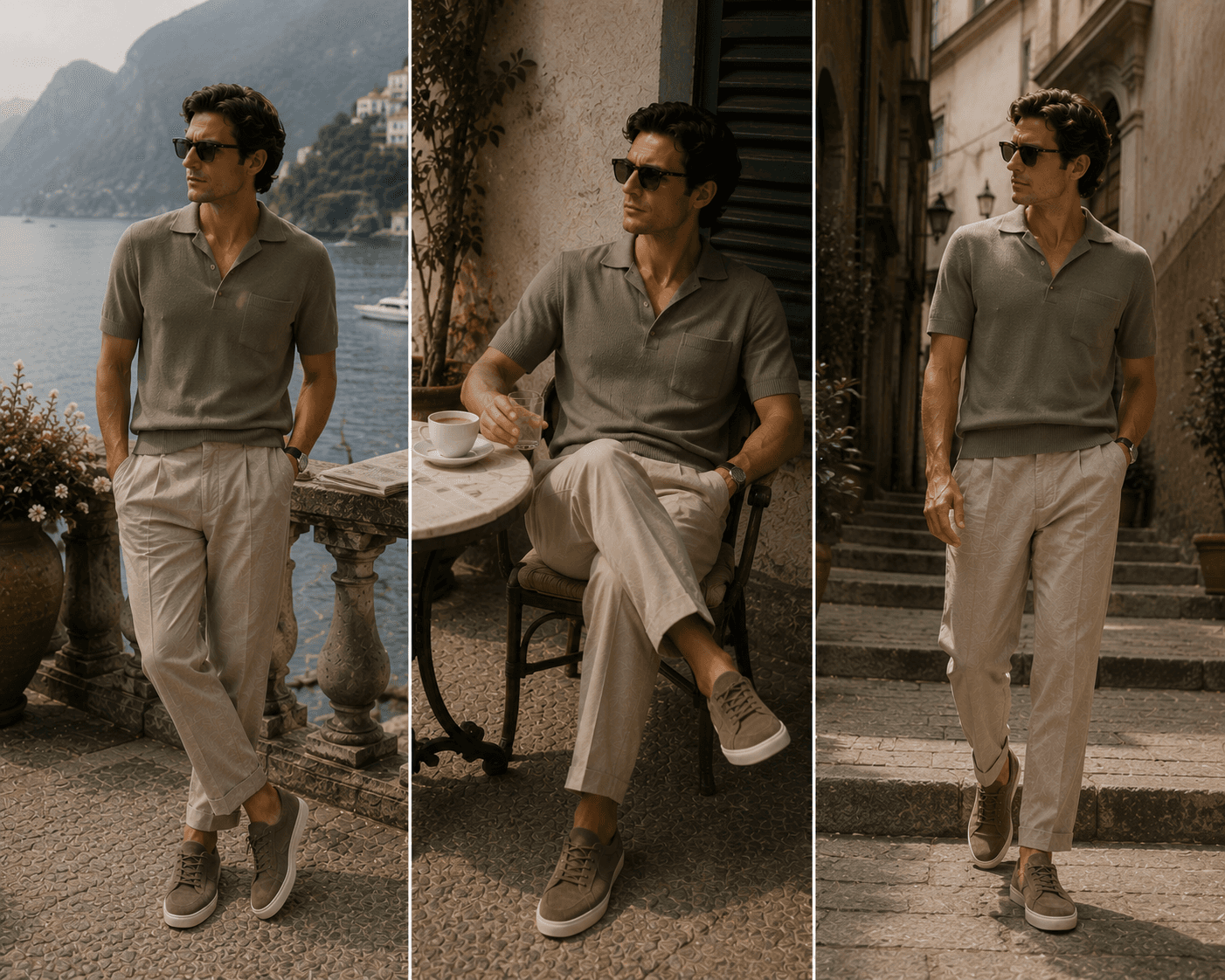 A three-panel full-body fashion lookbook featuring a male model in a casual summer resort outfit along an Italian lakeside village. He wears a short-sleeved sage green fine-knit polo shirt with a chest pocket, high-waisted pleated beige linen trousers, taupe suede sneakers with white soles, and dark sunglasses. The left panel shows a front view leaning against a carved stone balustrade overlooking the water. The middle panel shows him seated relaxed at a bistro table holding a glass. The right panel shows him walking down a stone alleyway staircase.