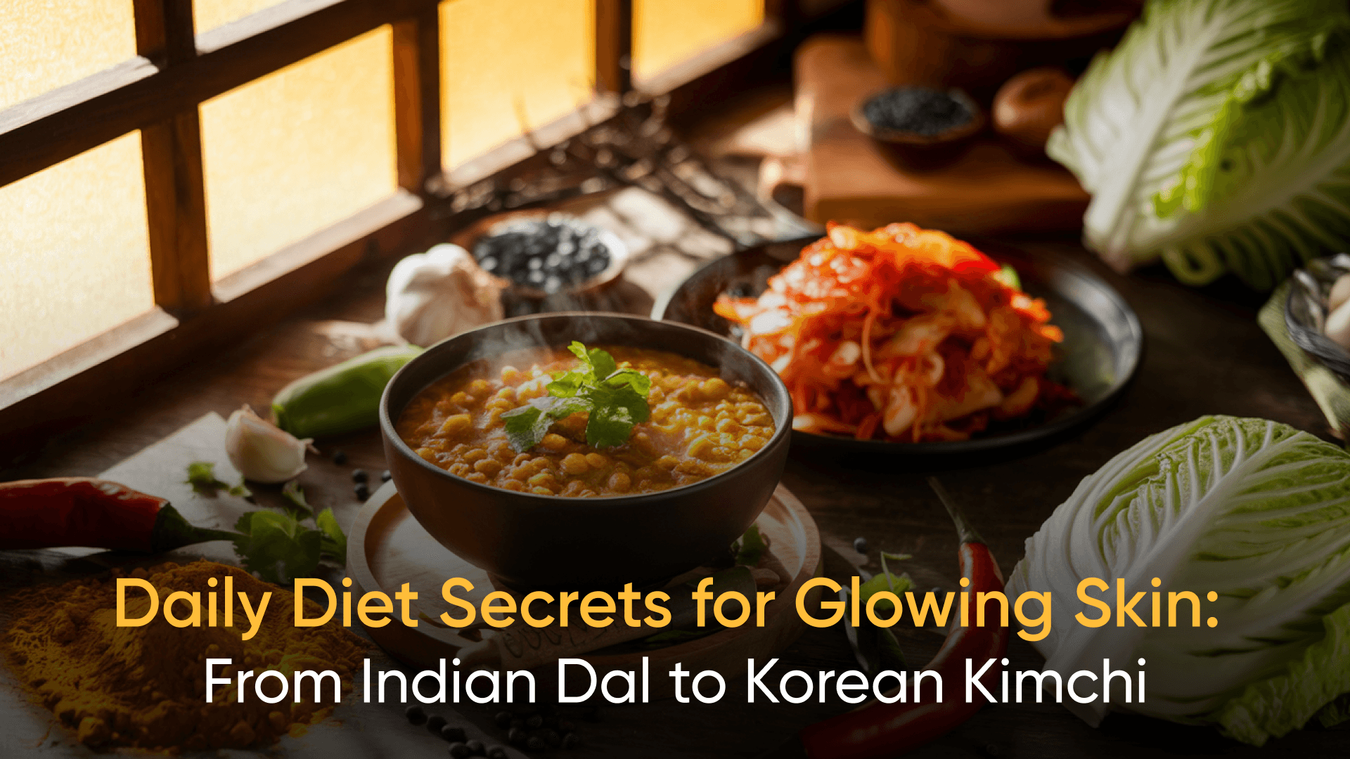 Daily diet secrets for glowing skin featuring Indian dal and Korean kimchi on a rustic table setting.