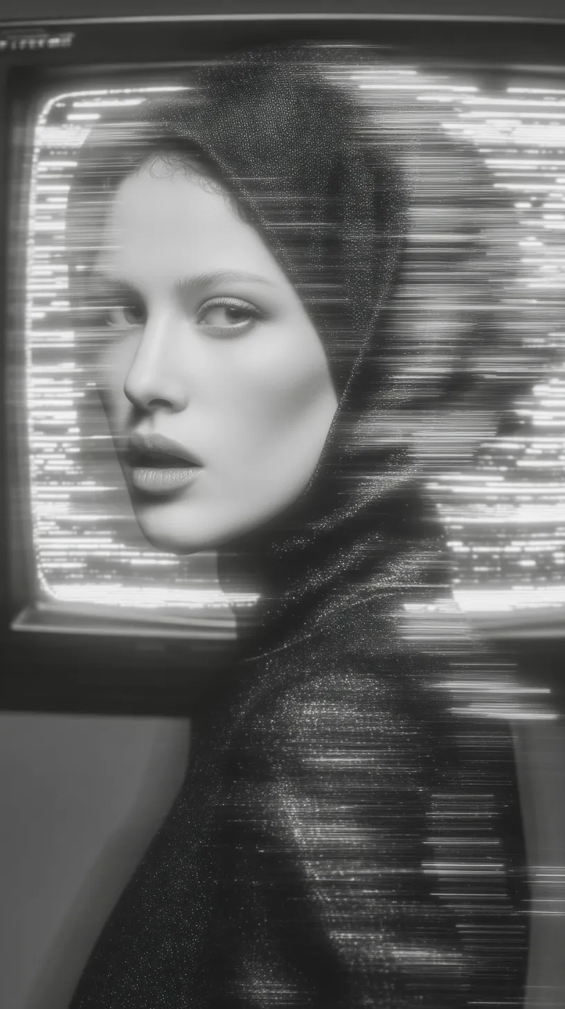 Volto femminile in bianco e nero davanti a uno schermo luminoso, attraversato da scie orizzontali e distorsione digitale.