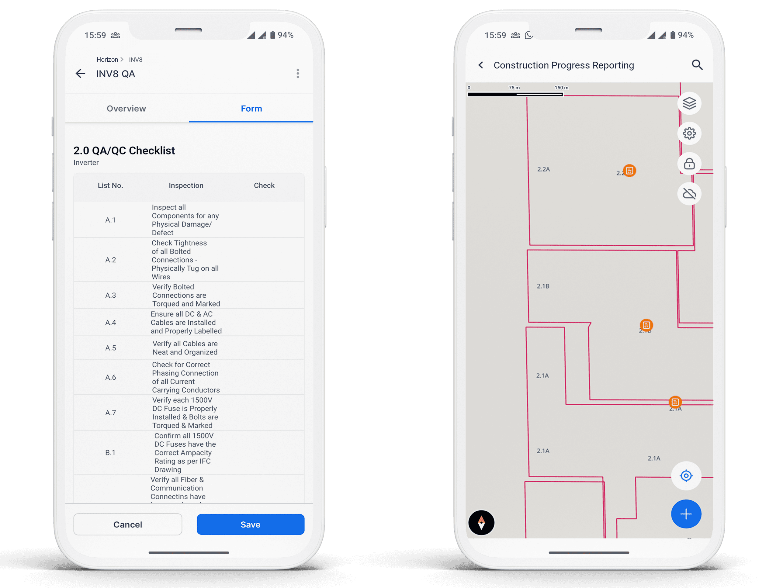 TaskMapper: Form to capture punch list item against a component and Maps view showing forms