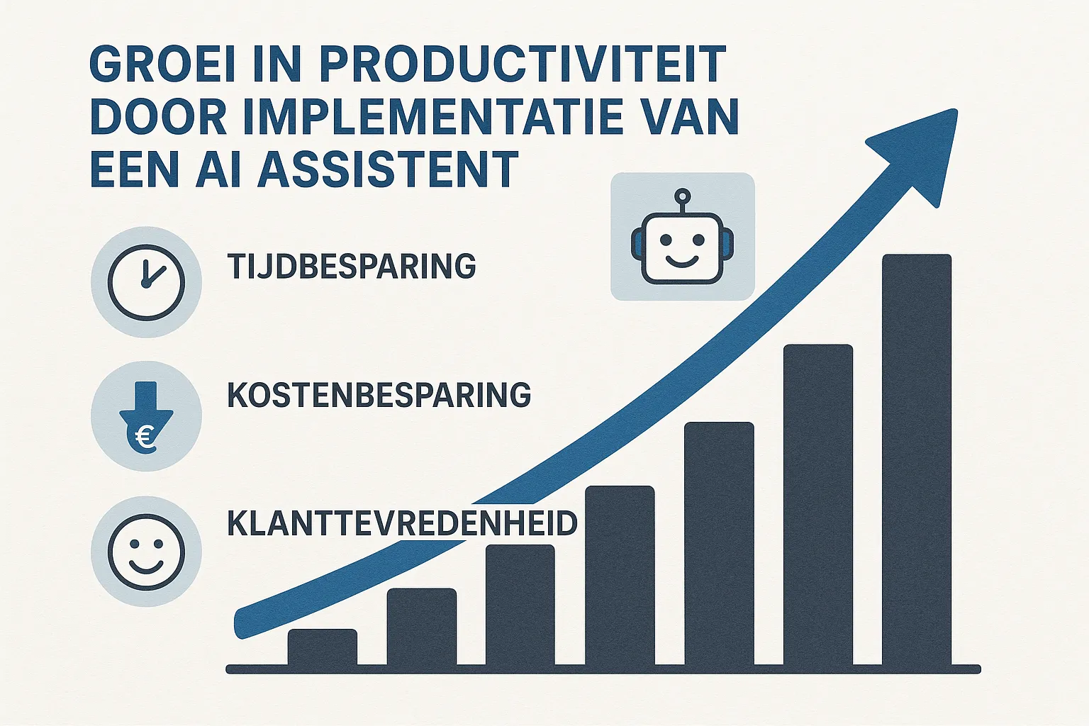 Infografiek met een oplopende grafiek die de groei in productiviteit toont na implementatie van een AI assistant, met iconen voor tijdwinst, kostenbesparing en klanttevredenheid.