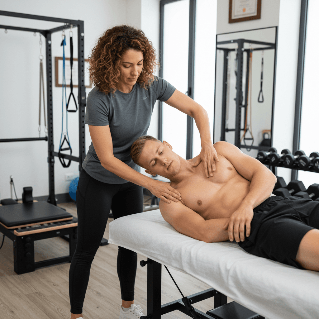 Patient receiving manual therapy treatment at a sports physical therapy clinic in Dallas