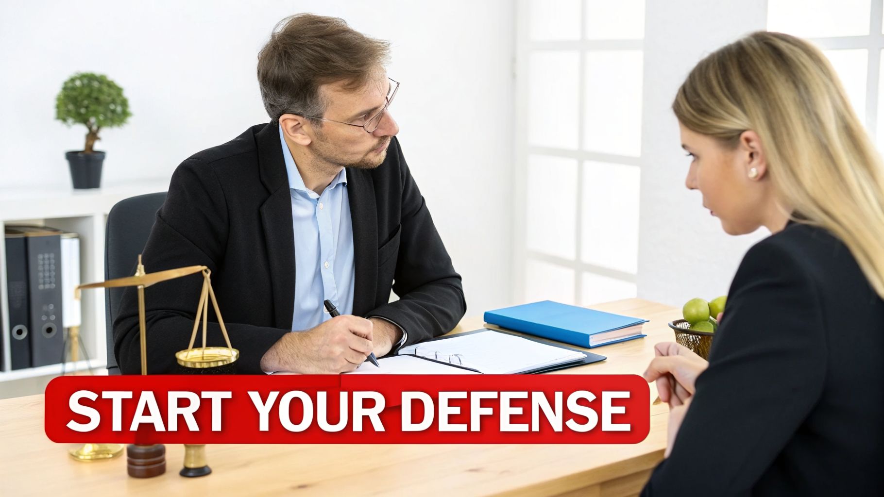 A male lawyer consults with a female client at a desk with scales of justice and a 'START YOUR DEFENSE' banner.