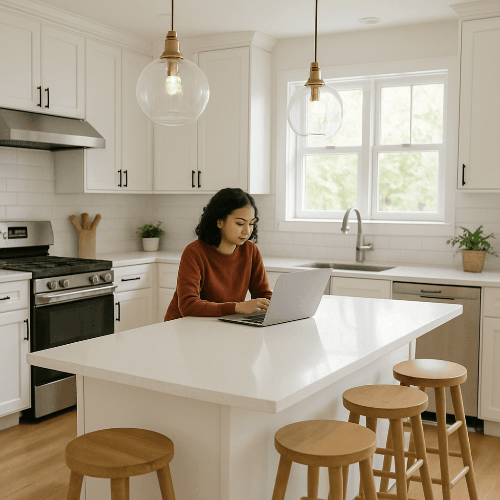 A bright kitchen island with seating for three on one side, and a prep sink and countertop space on the other, with a family member using a laptop at the counter