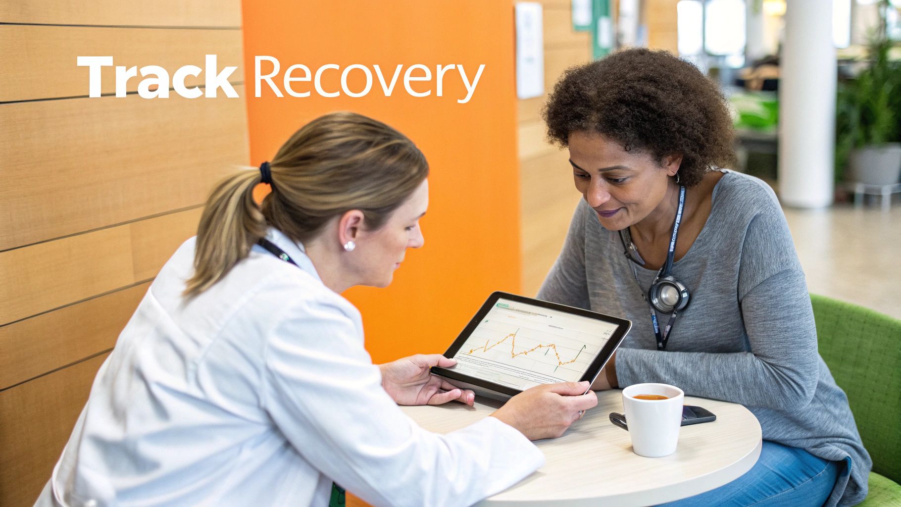Medical professional and patient review recovery progress on a tablet in a healthcare setting.