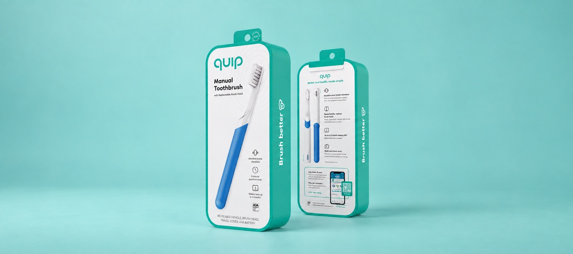 Front and back of a manual toothbrush package with a hang tab, standing on a teal background
