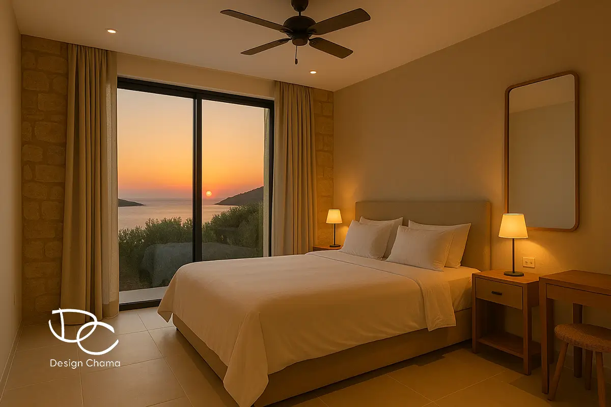 Κρεβατοκάμαρα με θέα στη θάλασσα και ηλιοβασίλεμα στη Βίλα Σουνίου.