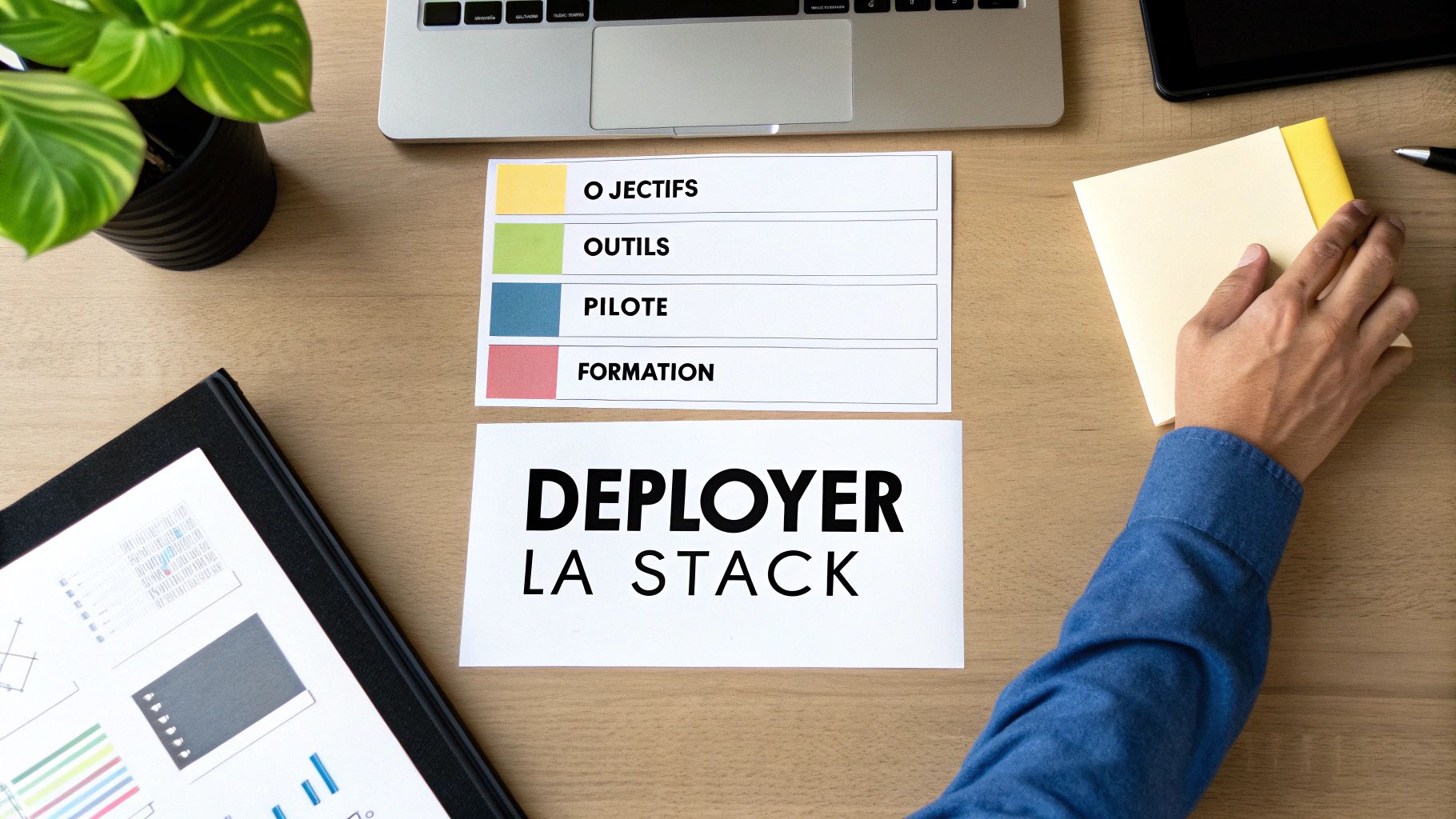 Vue de dessus d'un bureau avec ordinateur portable et document montrant les étapes pour déployer la stack moderne de données