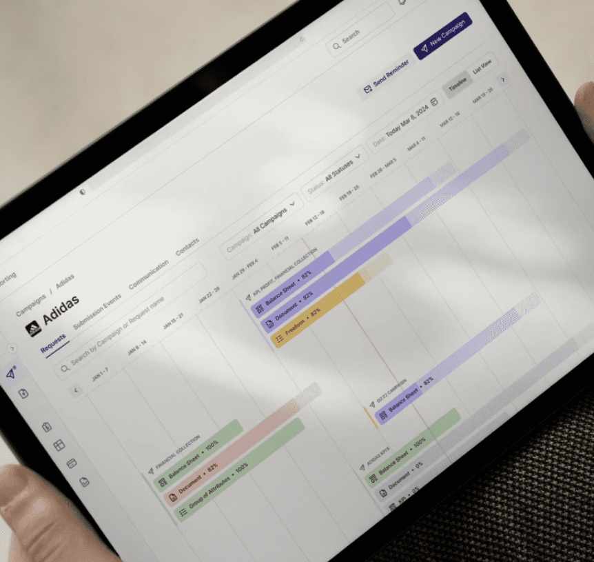 Tablet displaying a project management timeline dashboard with task progress bars, campaign milestones, and workflow tracking interface.