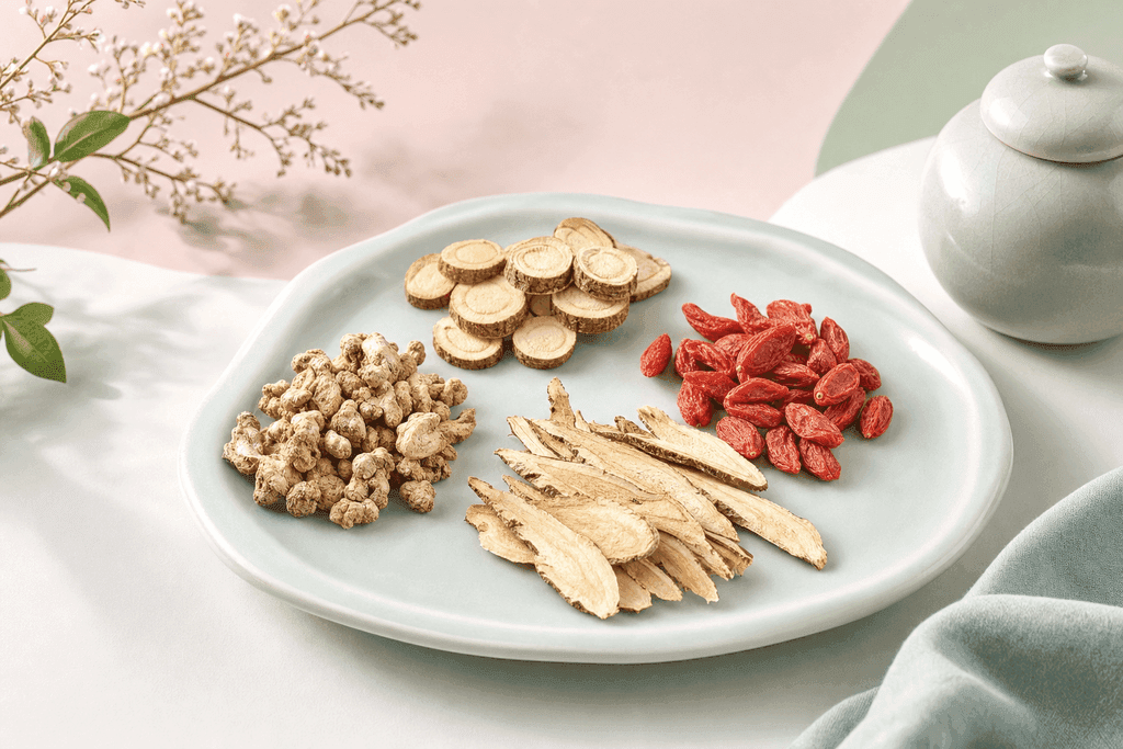 A serene, modern still life arrangement of traditional Chinese herbal ingredients such as sliced licorice root, glossy goji berries, dried dong quai slices, and small clusters of peony root, artfully placed on a smooth, pale jade ceramic tray. They rest atop a minimalist, light-colored surface with subtle soft pink and sage-green gradients in the background, diffused gentle daylight creating an atmosphere of calm wellness. No characters, text, or humans in the image. The composition is clean, professional, and inviting, evoking balance and natural healing.